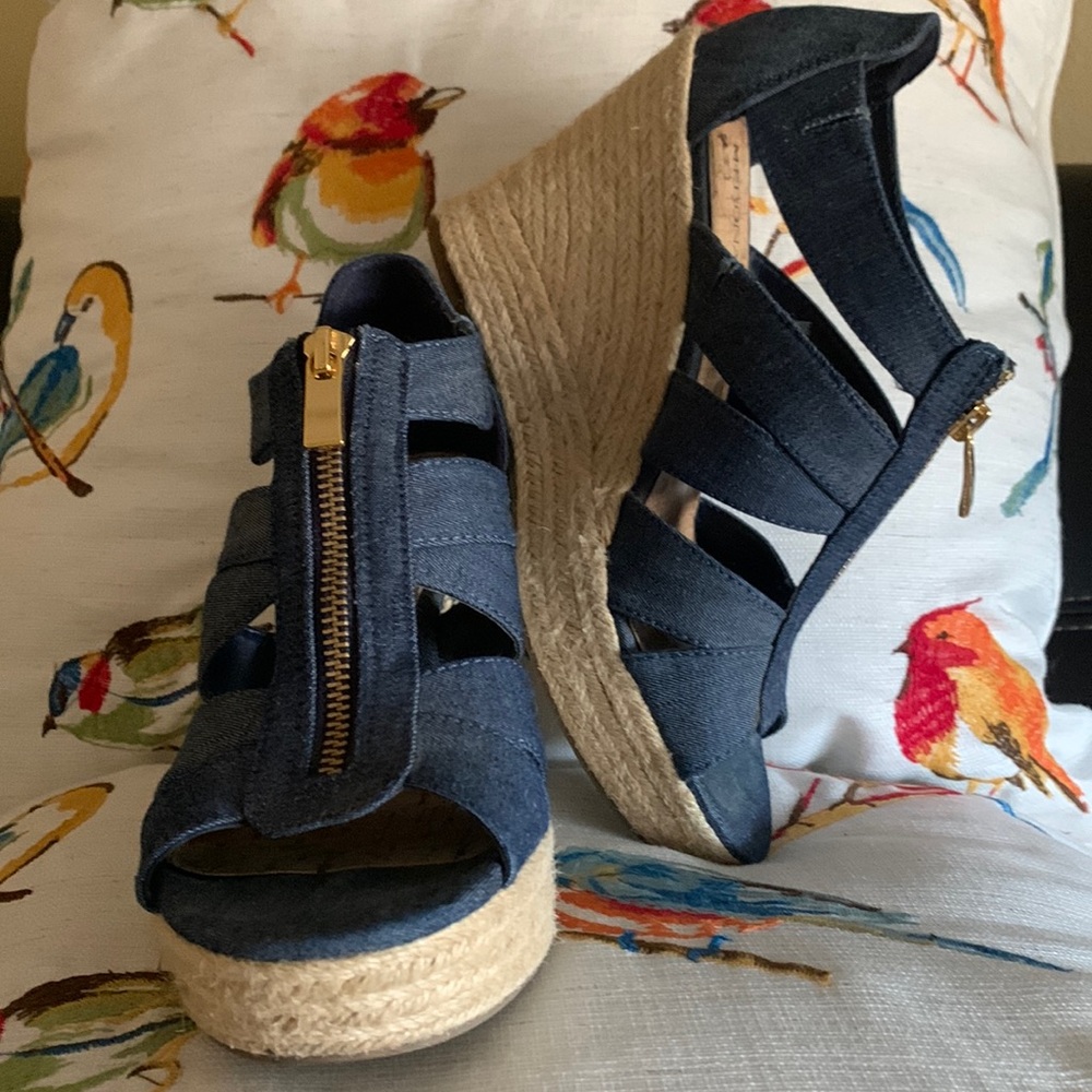 EUC Denim Zipper Rope Wedge Heel